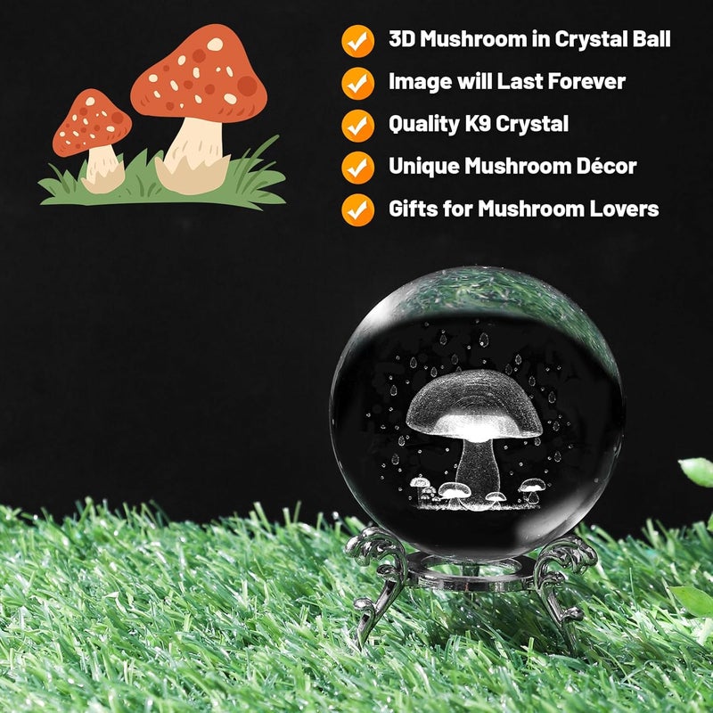 PYJ3DLAMP 3D Mushroom Crystal Ball with Stand Lase Engraved Glass Sphere Paperweight Mushroom Decor Gift - Image 4